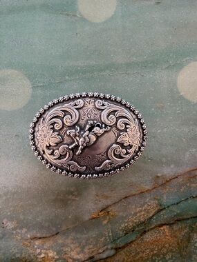 Nocona Western Americana Belt Buckle Silver Tone Rodeo Design Floral Motif